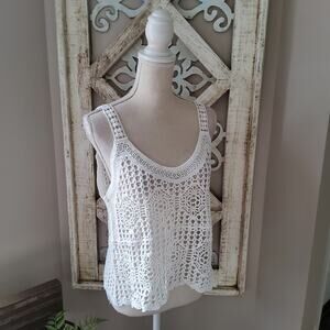 143 Story Womens Sleeveless Cotton Sheer Open Crochet Crop Tank Top in Off White